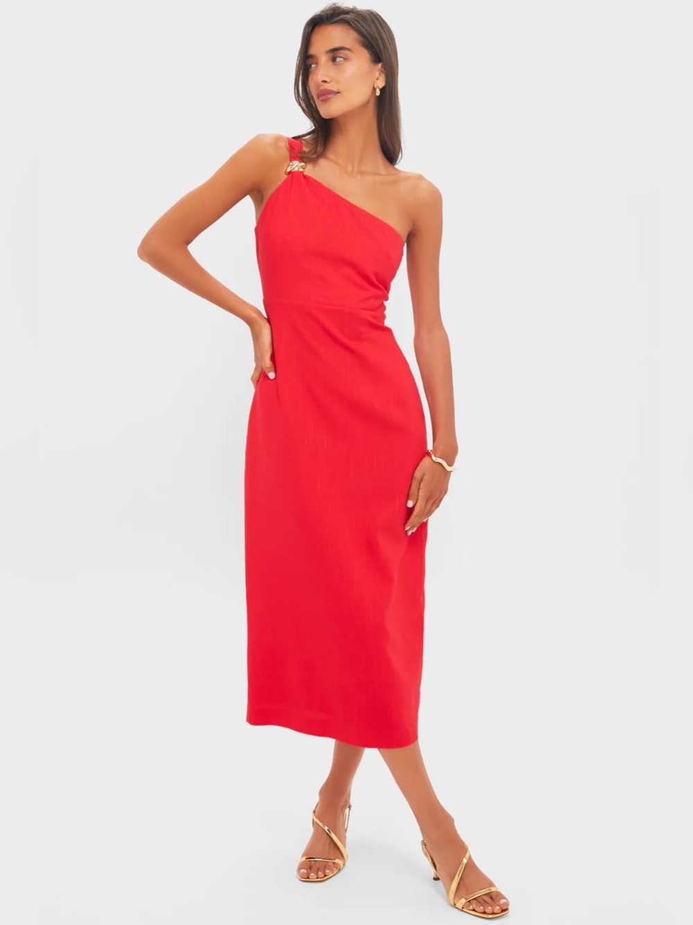 NEW Tuckernuck Hyacinth House Red Linen Dominica One Shoulder Midi Dress, Size L